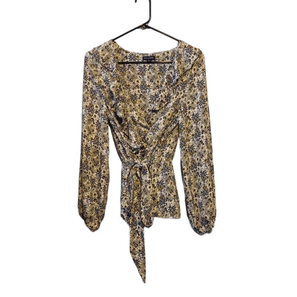 Y2K Boho Peasant Floral Wrap Top M Belted Cottagecore Country Cowgirl Western